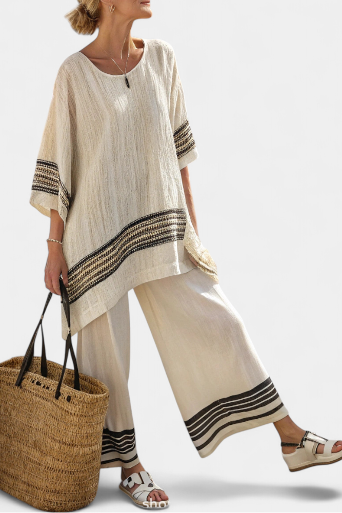 Harlowe | Elegante Top in Lino a Strisce Nere e Pantaloni Fluttuanti