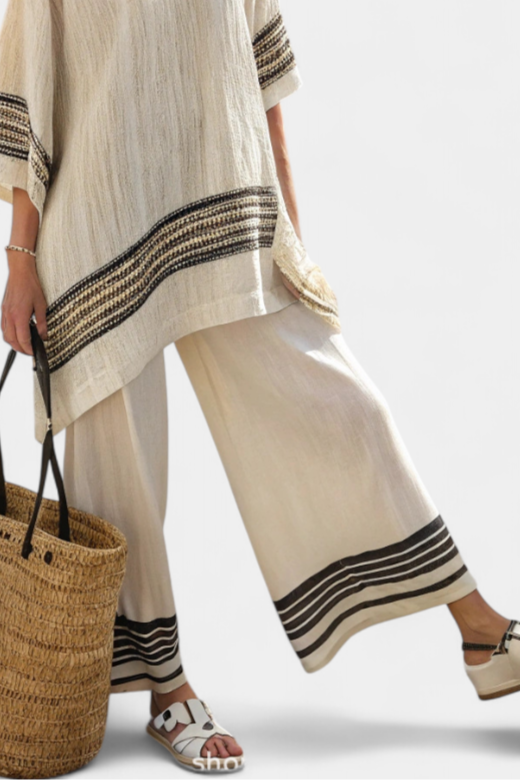 Harlowe | Elegante Top in Lino a Strisce Nere e Pantaloni Fluttuanti