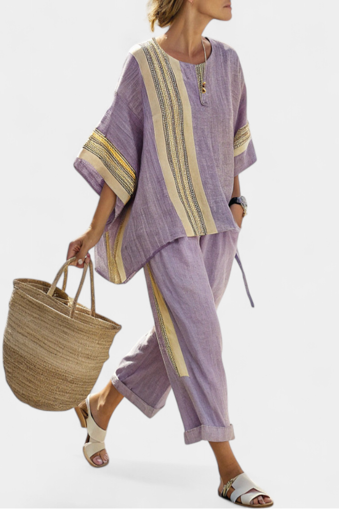 Elowric | Elegante Top Lavanda & Pantaloni a Righe Senape