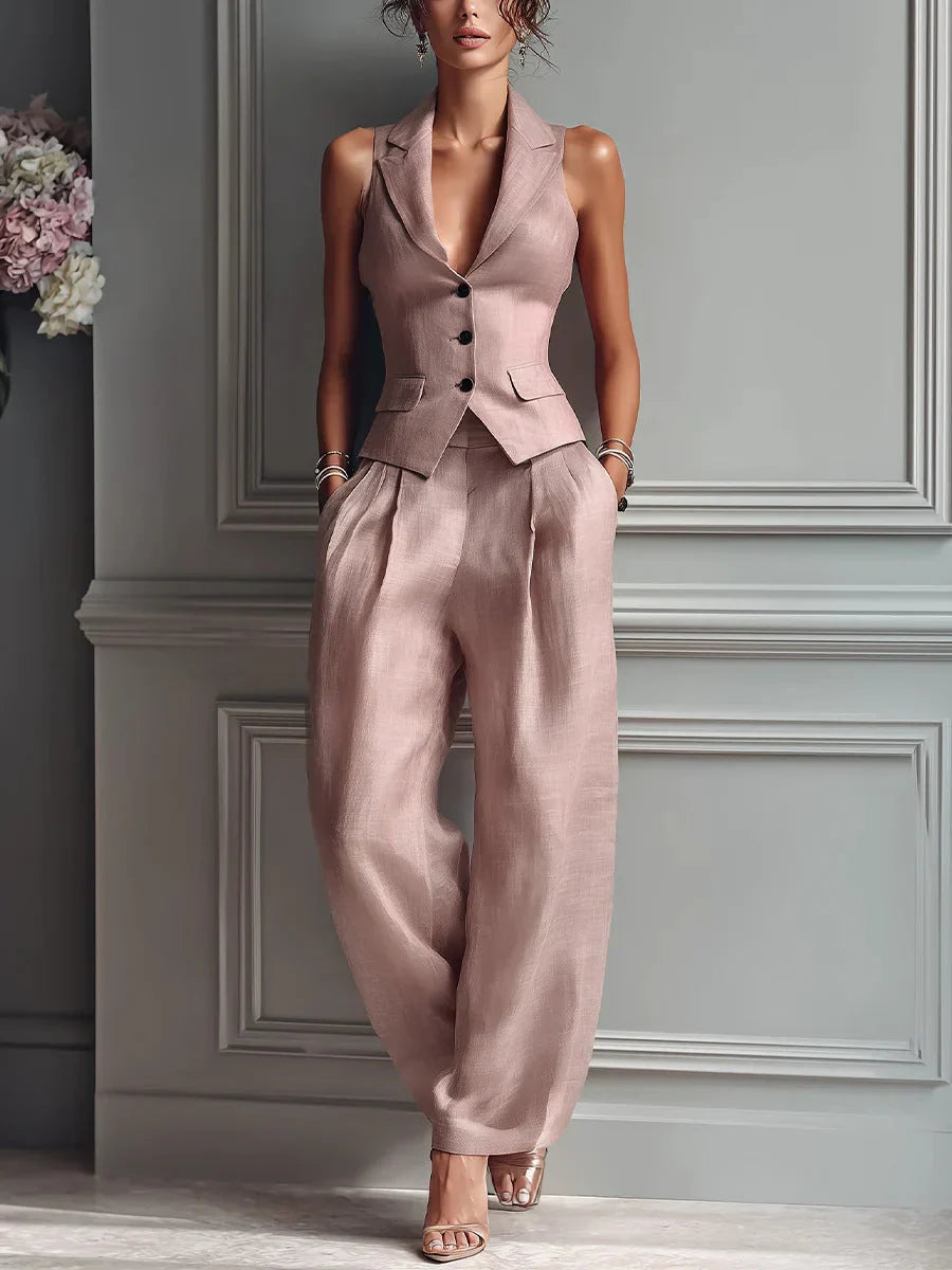 Maya | Two-Piece Set with V-Neck Button Blouse