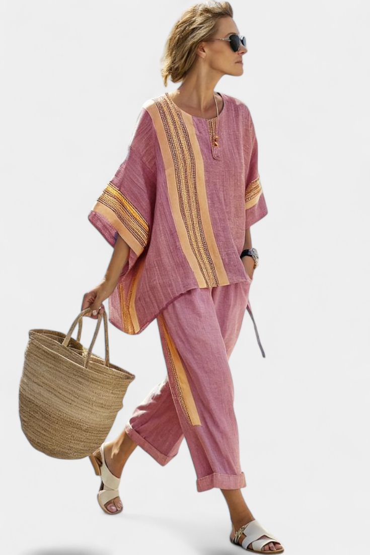 Elowric | Elegante Top Lavanda & Pantaloni a Righe Senape