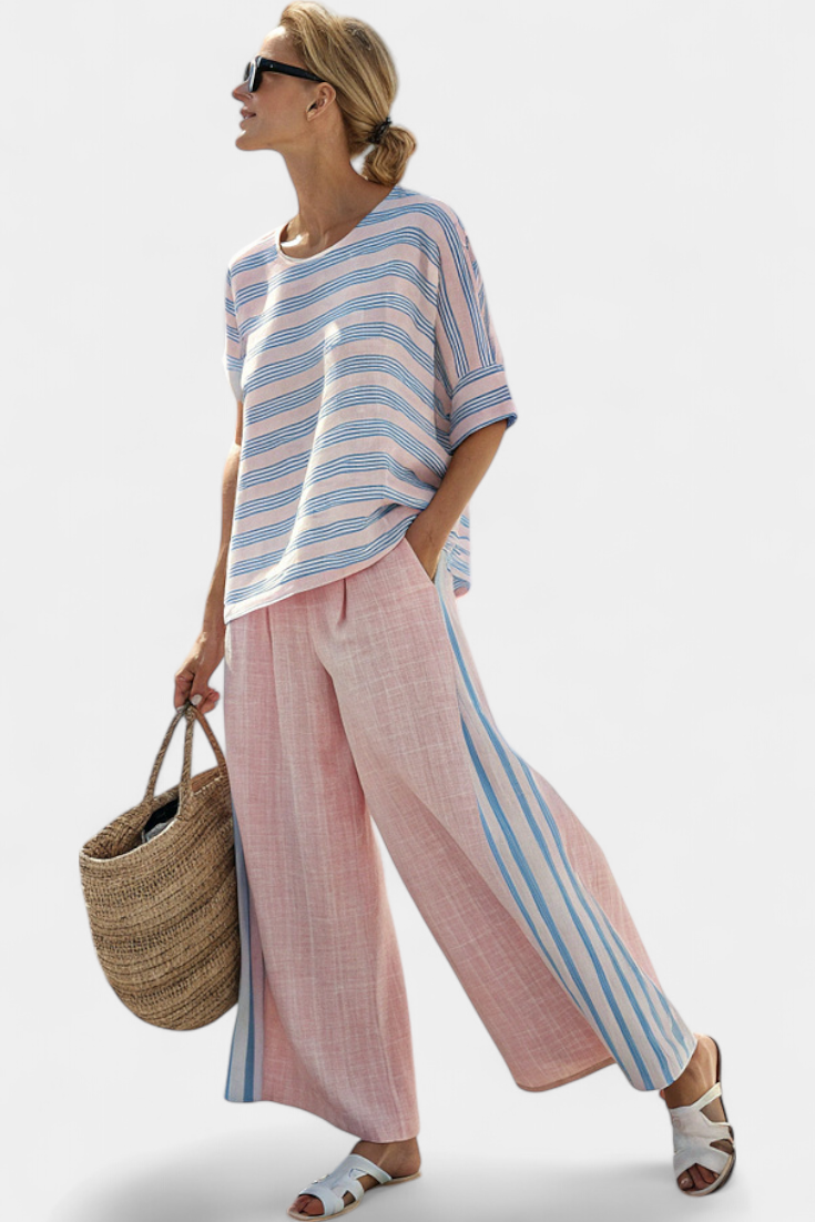 Virella | Elegante Blusa in Lino Rosa-Blu e Pantaloni Morbidi