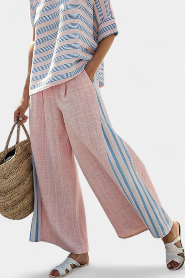 Virella | Elegante Blusa in Lino Rosa-Blu e Pantaloni Morbidi