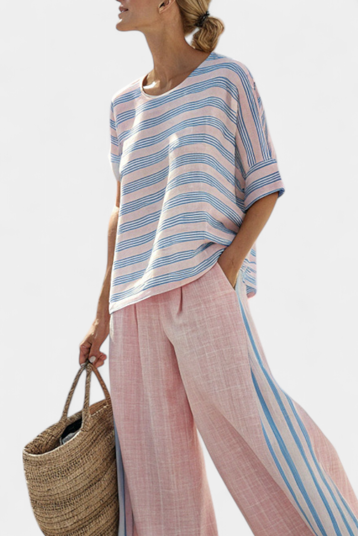 Virella | Elegante Blusa in Lino Rosa-Blu e Pantaloni Morbidi