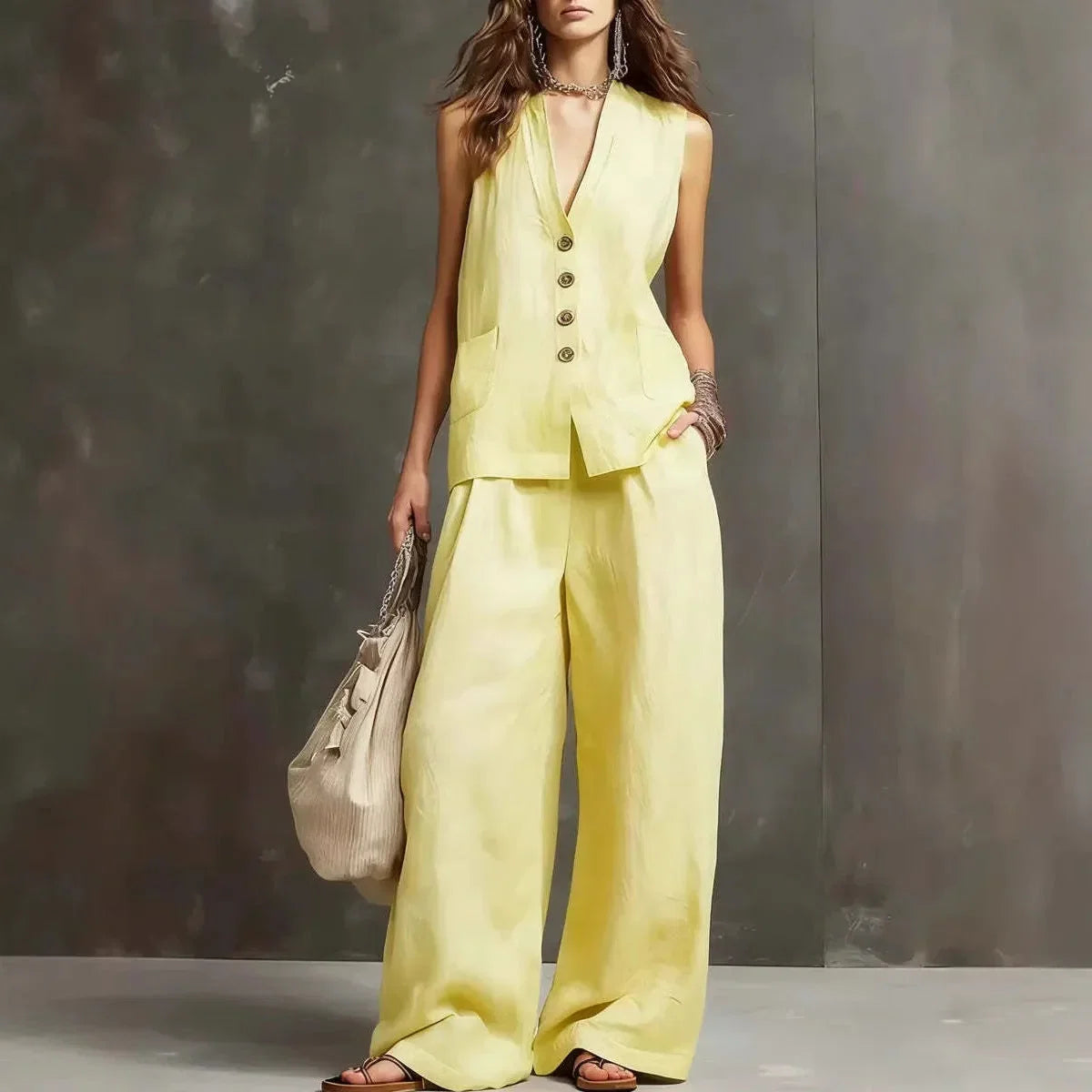 Harper | Cotton-Linen Two-Piece Set with Sleeveless Vest & Wide-Leg Pants