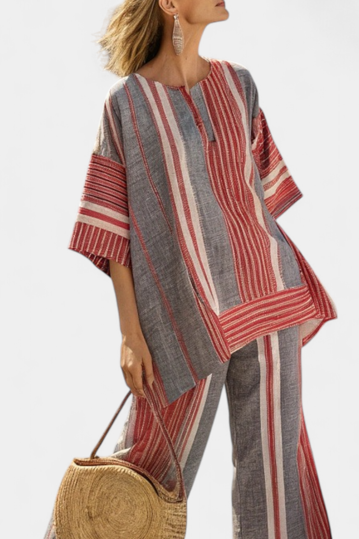 Bravine | Elegante Top in Lino Corallo-Grigio e Pantaloni a Gamba Larga
