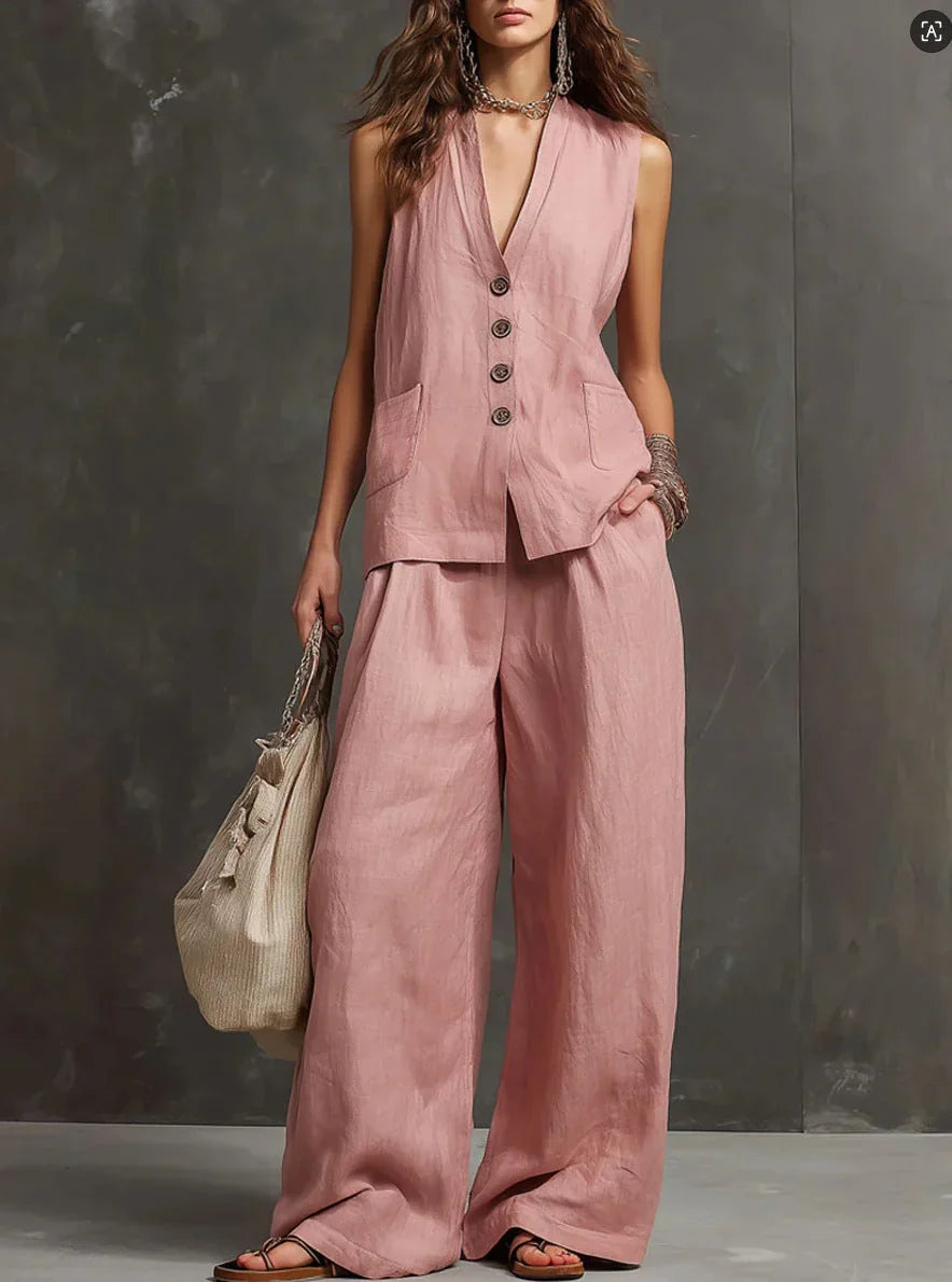 Harper | Cotton-Linen Two-Piece Set with Sleeveless Vest & Wide-Leg Pants