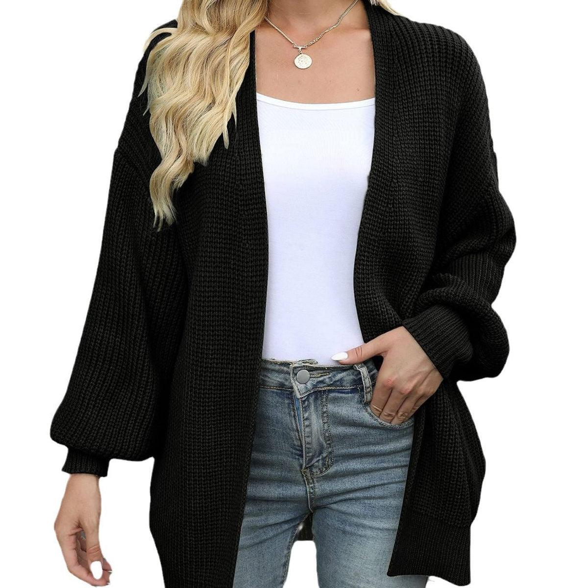 Cardigan lavorato a maglia per donne con maniche a lanterna lunghe