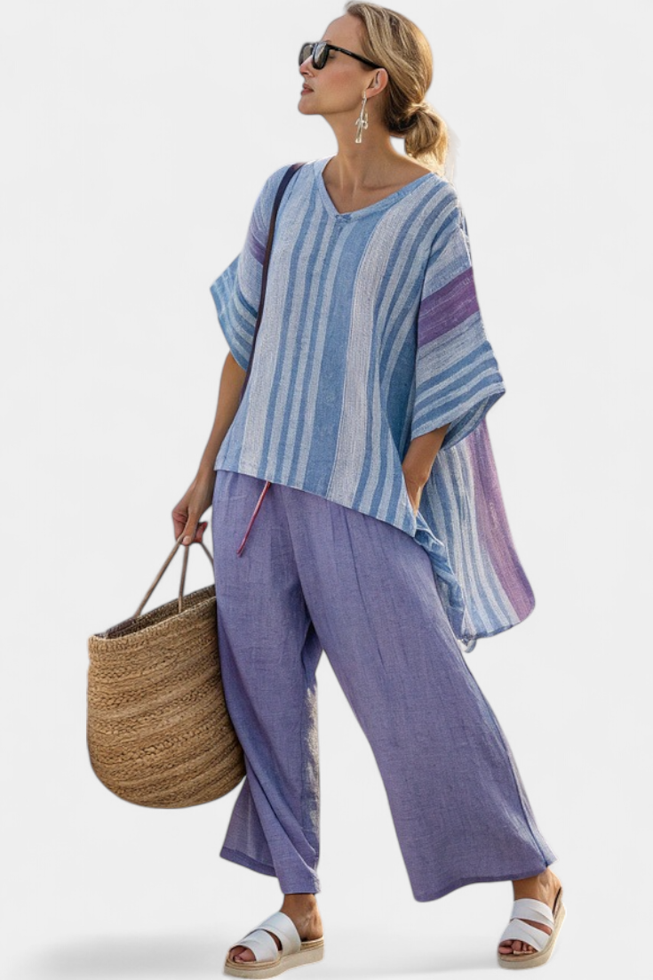Zellora | Elegante Top Lavanda e Blu Cielo & Pantaloni in Lino