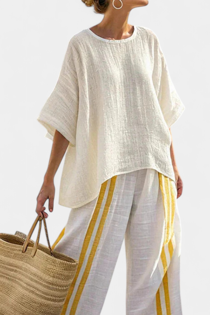 Anselor | Elegante Top in Lino a Righe Gialle e Pantaloni a Gamba Larga