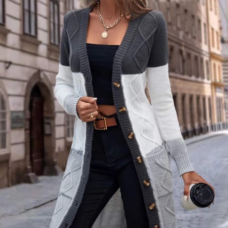 Cardigan lungo a V con lavorazione a treccia e color block