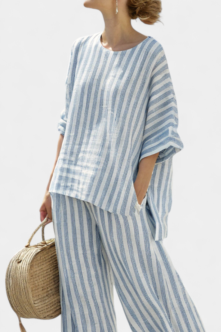 Rensleigh | Top in Lino a Righe Blu Sofisticato & Pantaloni Relaxed