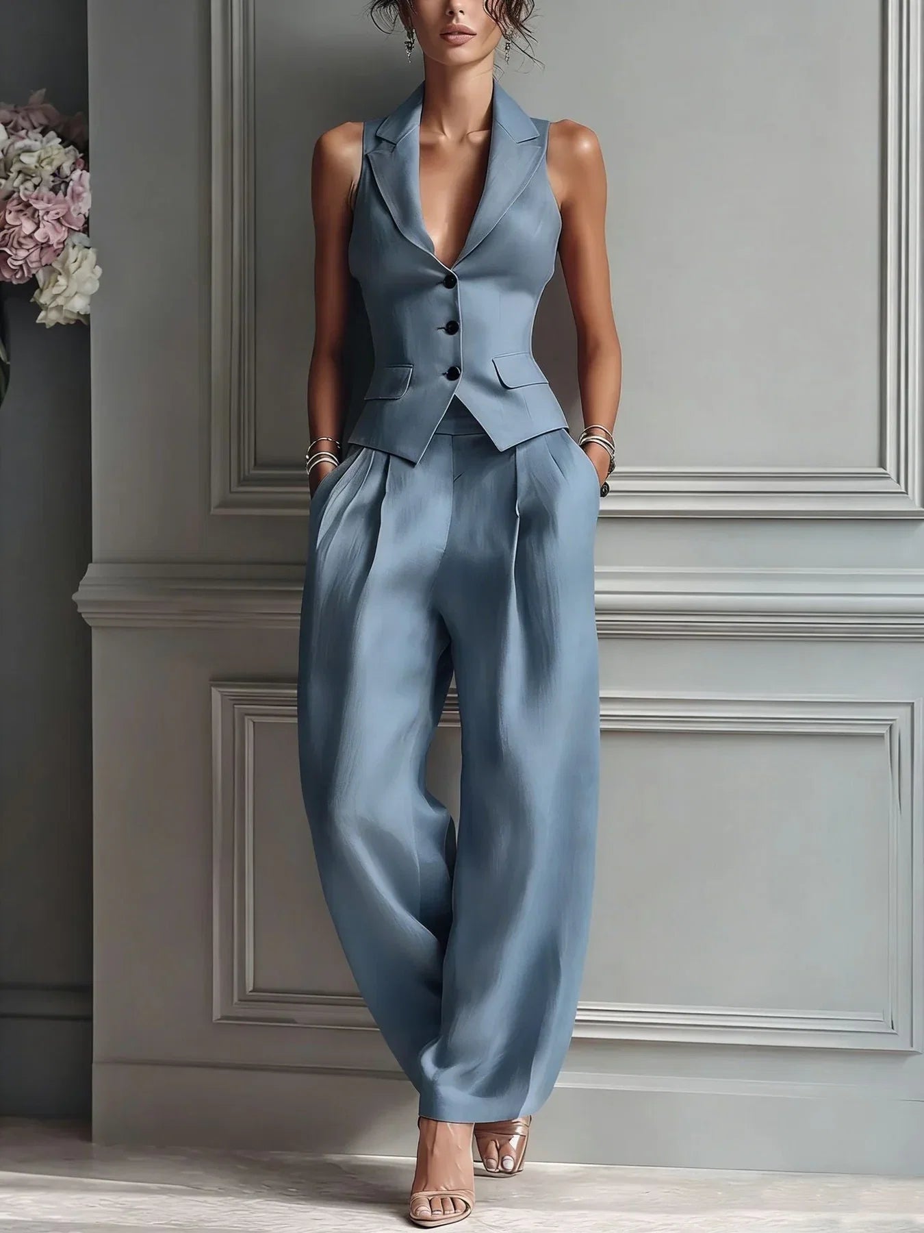 Maya | Two-Piece Set with V-Neck Button Blouse