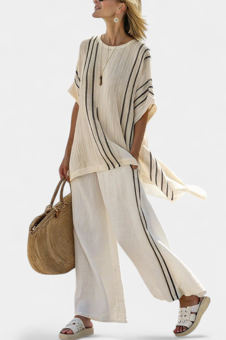 Greysen | Elegante Blusa in Lino Avorio e Pantaloni a Righe Nere