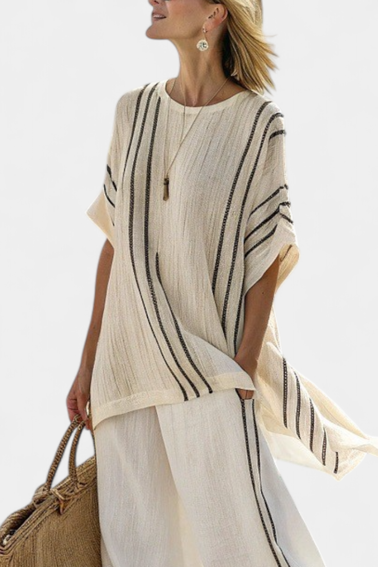 Greysen | Elegante Blusa in Lino Avorio e Pantaloni a Righe Nere