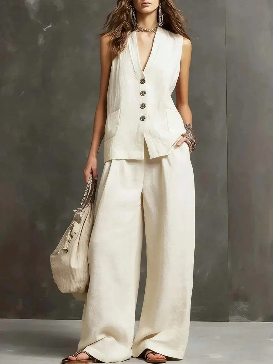 Harper | Cotton-Linen Two-Piece Set with Sleeveless Vest & Wide-Leg Pants