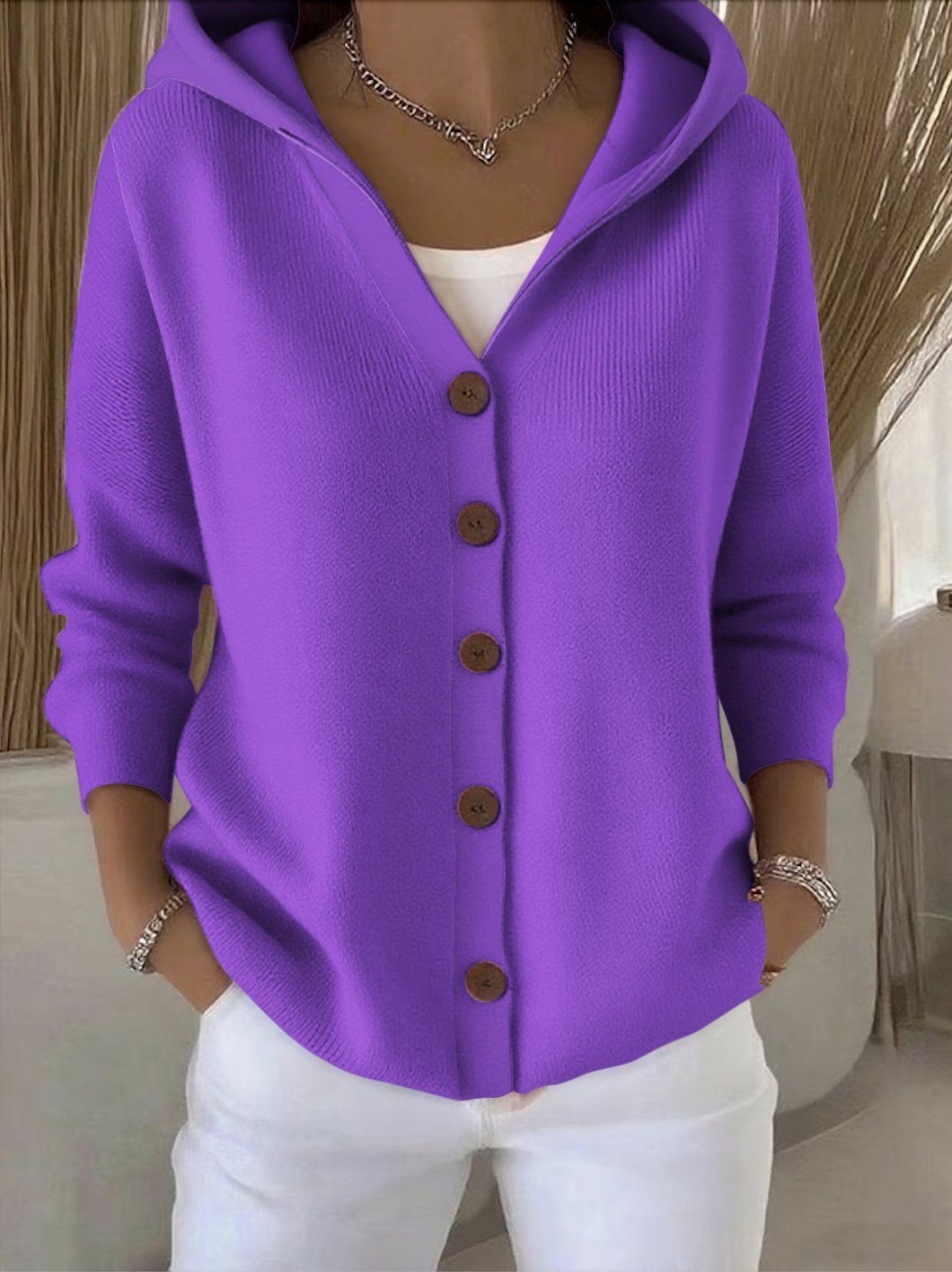 Darienne | Cardigan a Maglia con Cappuccio e Bottoni
