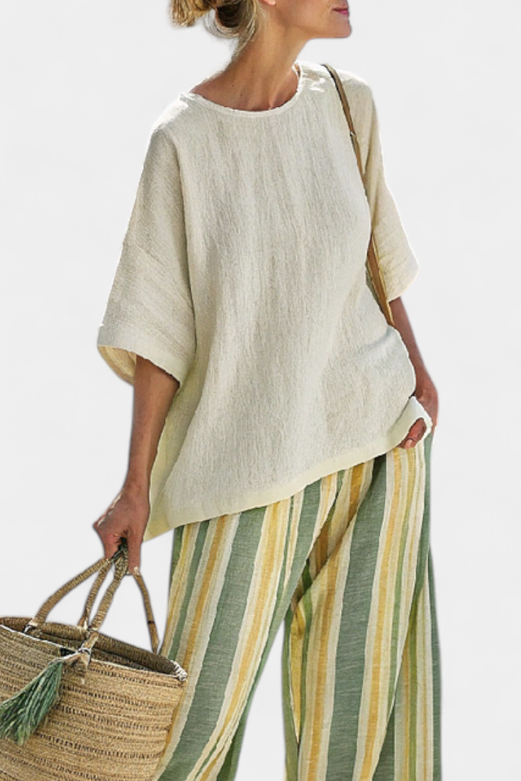 Ellowyn | Top Sofisticato e Pantaloni in Lino a Righe