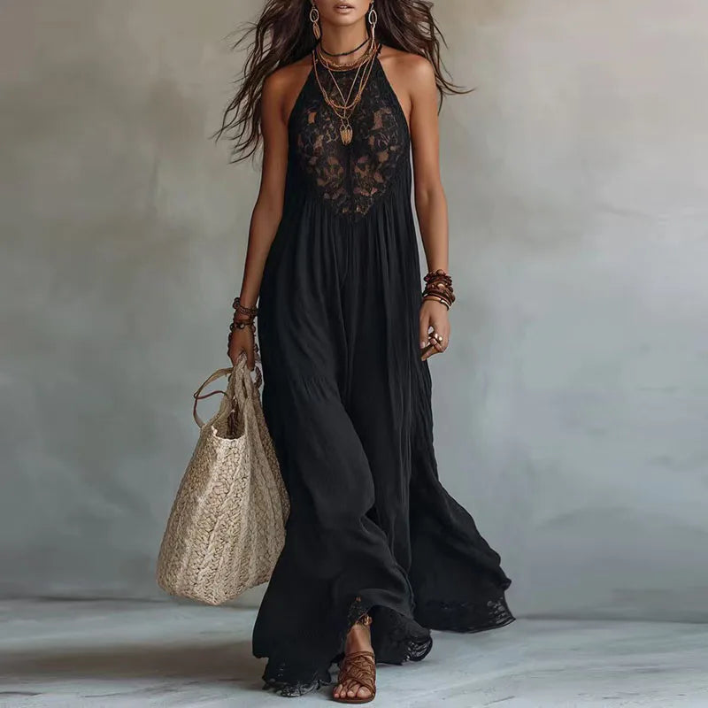 JADE | Abito Maxi con Pannello in Pizzo e Schiena Scoperta