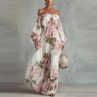 PEONIA | Abito Maxi Floreale Off Shoulder con Maniche Lunghe
