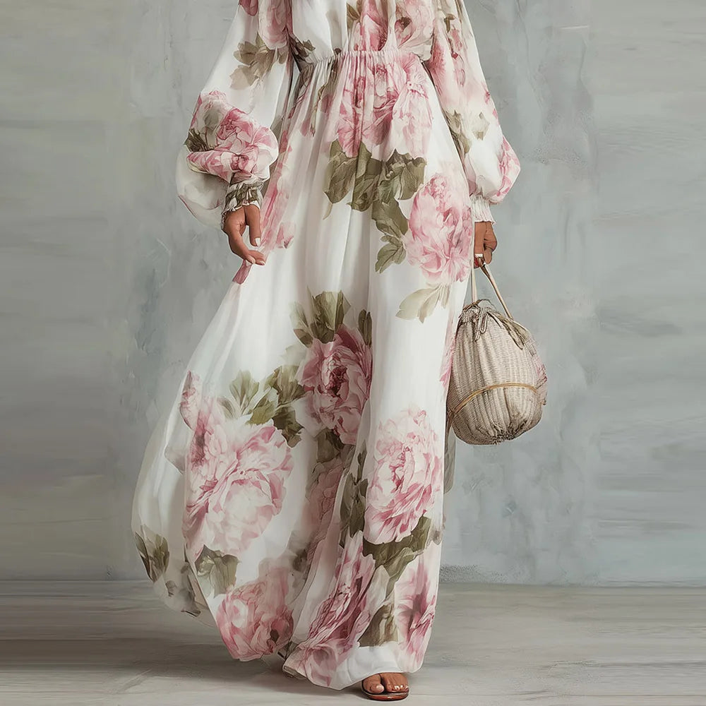 PEONIA | Abito Maxi Floreale Off Shoulder con Maniche Lunghe