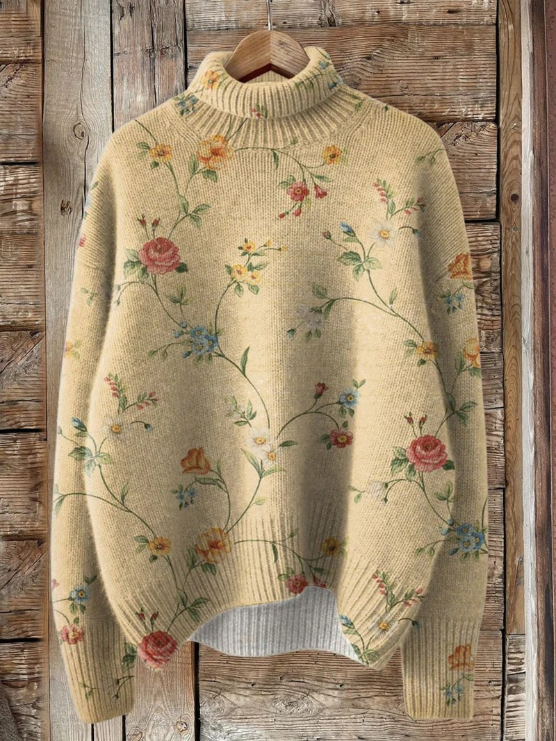 Flora | Maglione Collo Alto Vintage con Fantasia Floreale