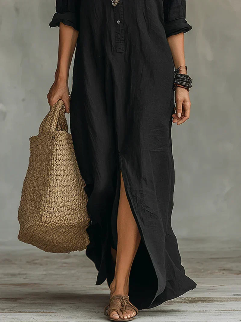 Céline Vestito Maxi Nero di Volume con Bottoni