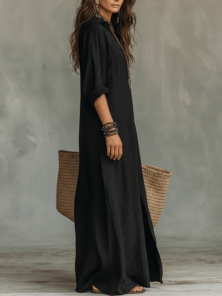 Nadia | Black Button-Front Maxi Dress