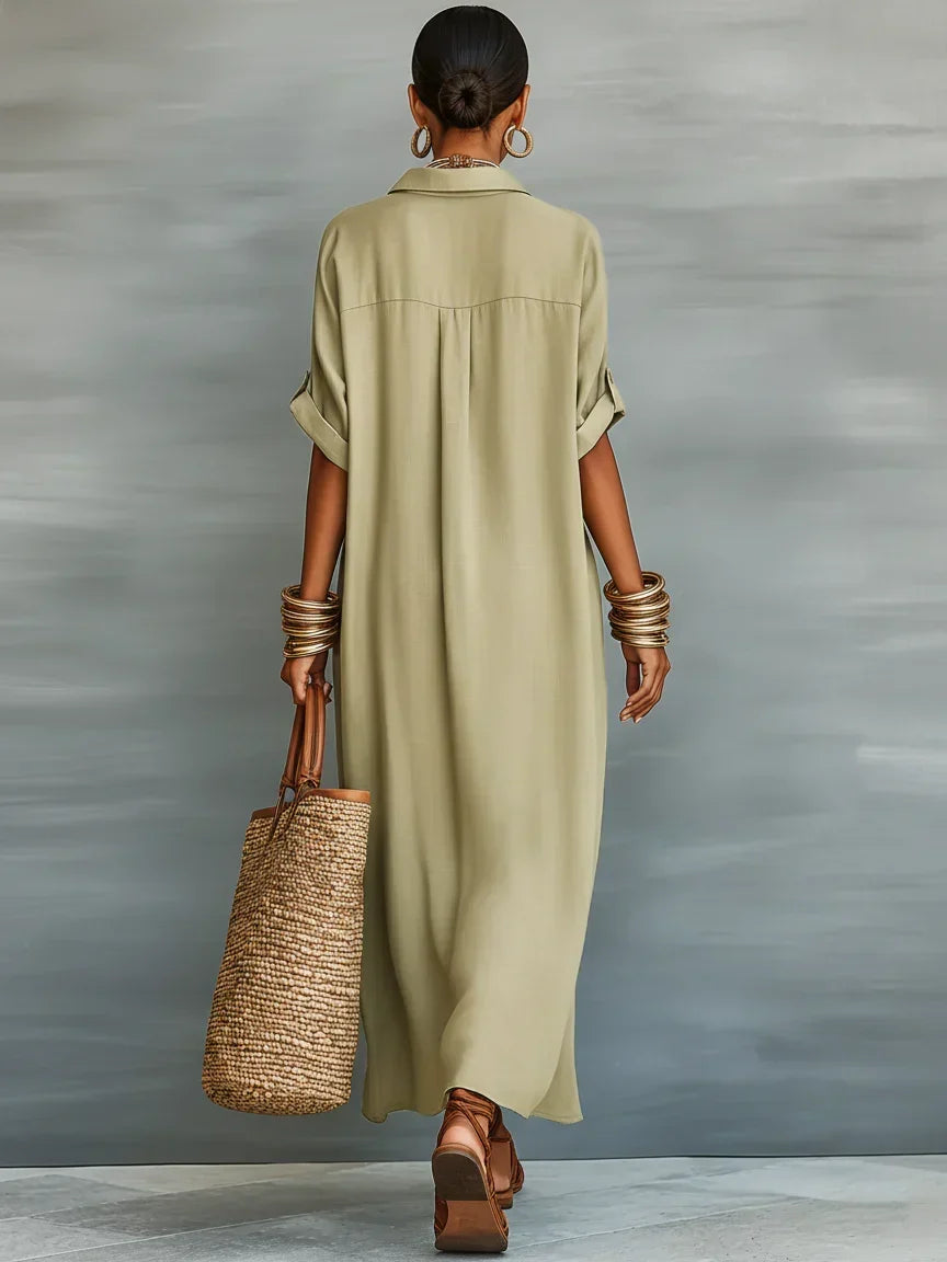 Megan Vestito Maxi Verde Oliva con Linee Minimaliste
