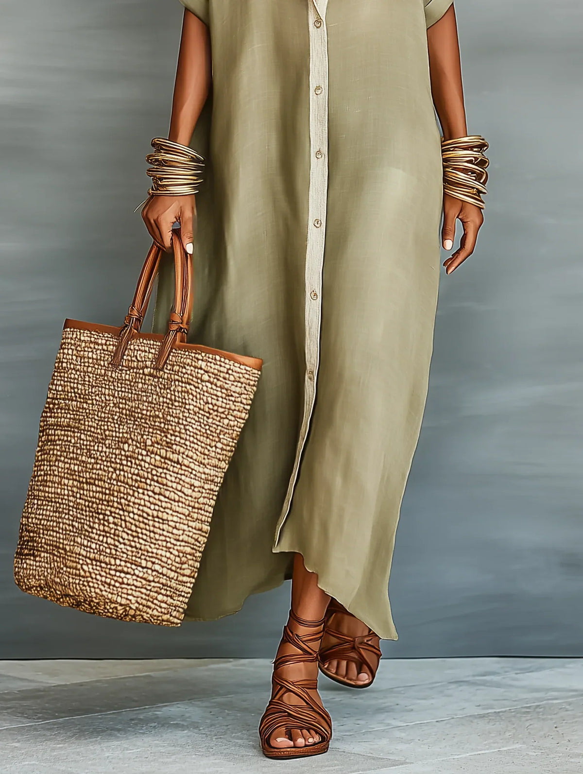 Megan Vestito Maxi Verde Oliva con Linee Minimaliste