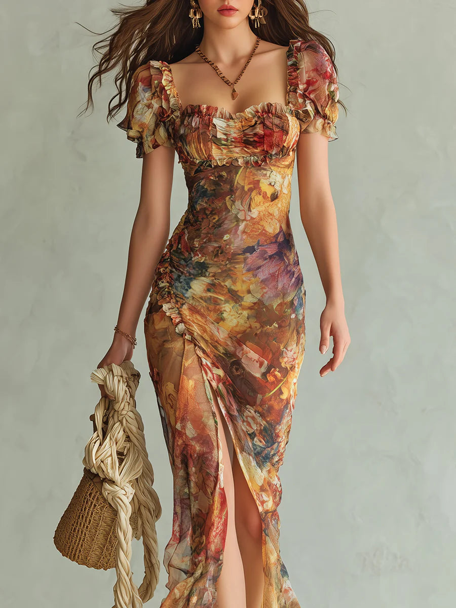 Stampa di un Dipinto a Olio Bohemien Arancione Vestito Maxi in Chiffon