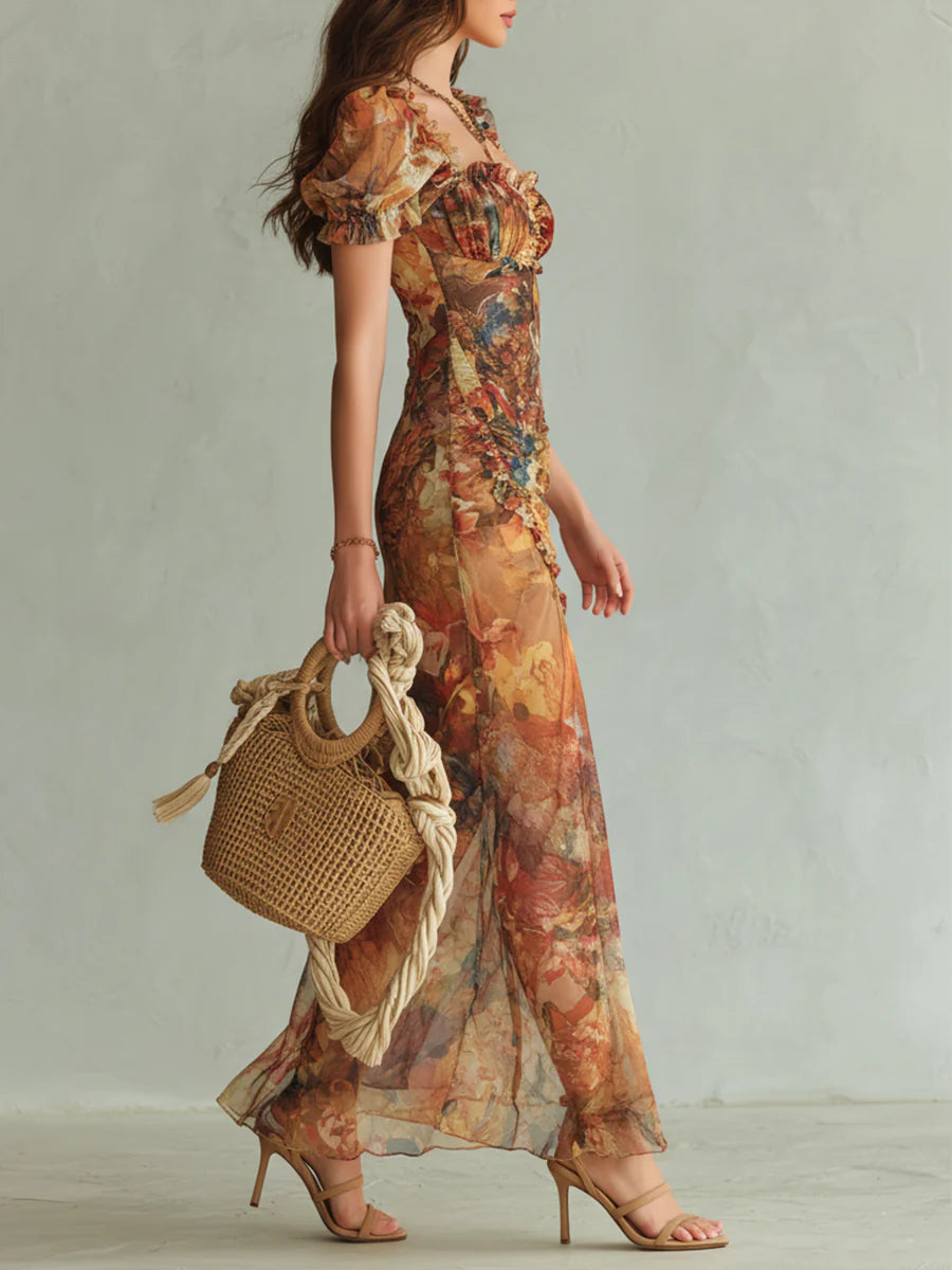 Abito Maxi in Chiffon Arancione Stampa ad Olio — Lucia Toscana (3)