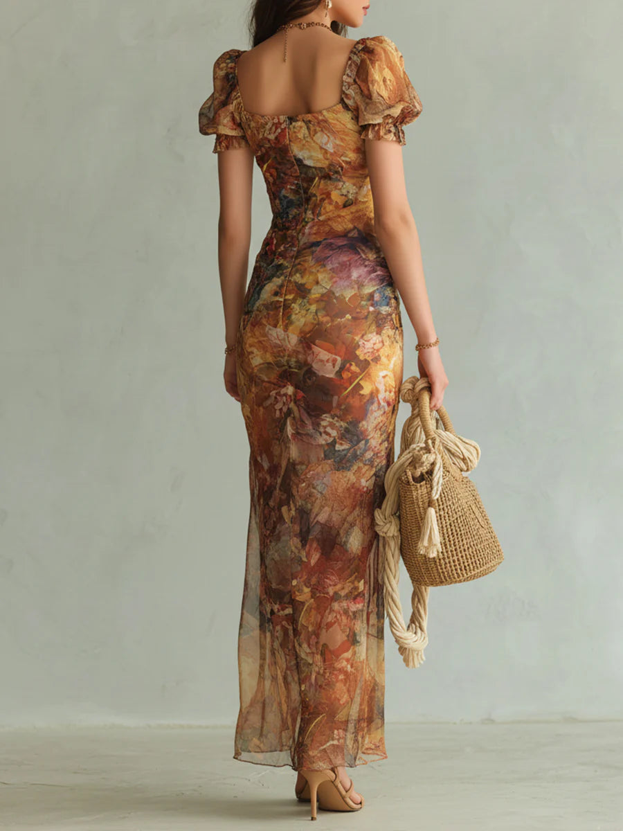 Abito Maxi in Chiffon Arancione Stampa ad Olio — Lucia Toscana (2)