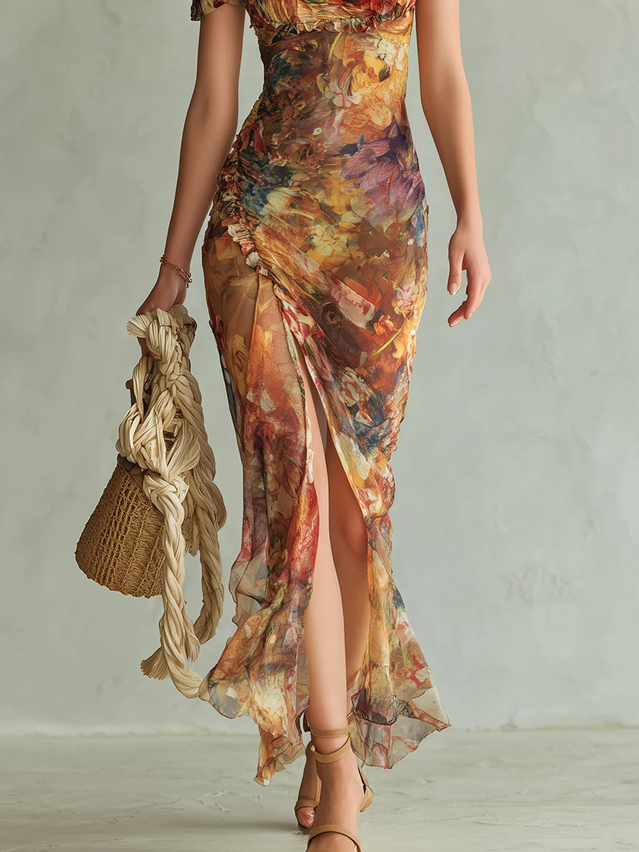 Stampa di un Dipinto a Olio Bohemien Arancione Vestito Maxi in Chiffon