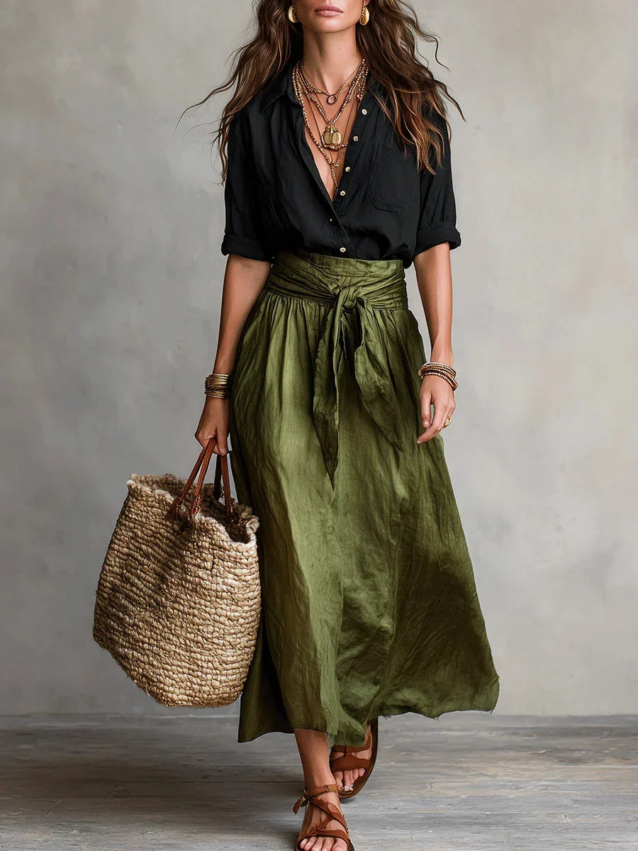 Completo Elegante di Due Pezzi con Blusa Nera e Gonna Midi