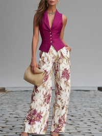 Set di Gilet Senza Maniche Rosa e Pantaloni a Gamba Larga con Stampa Floreale