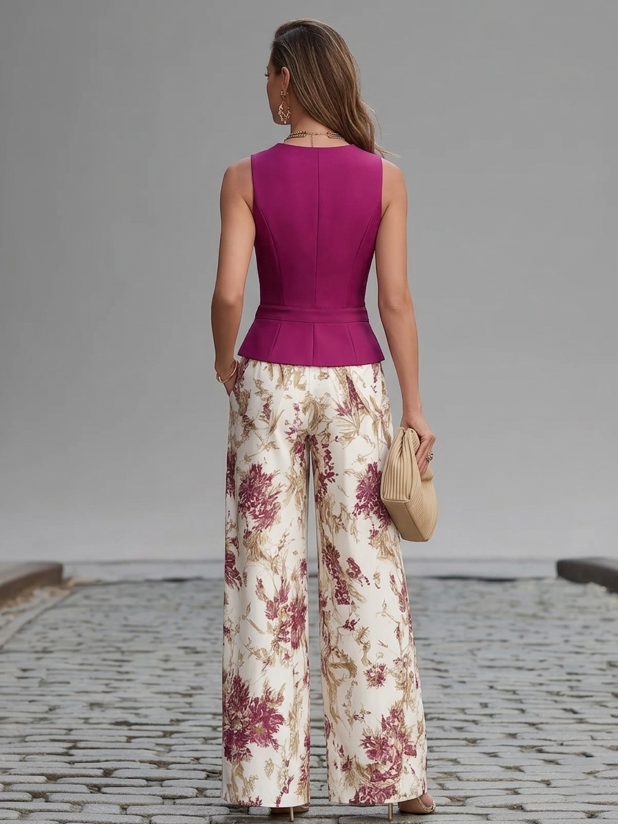 Set di Gilet Senza Maniche Rosa e Pantaloni a Gamba Larga con Stampa Floreale