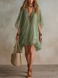 Abito Mini Fluttuante a V in Chiffon Verde
