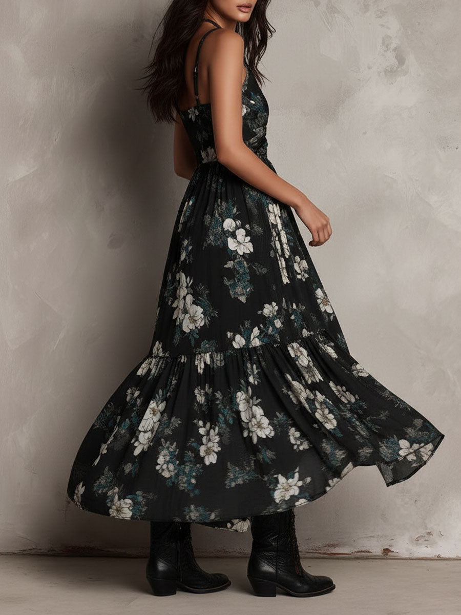 Abito Maxi Senza Spalline con Stampa Floreale Nera — Lucia Toscana (5)