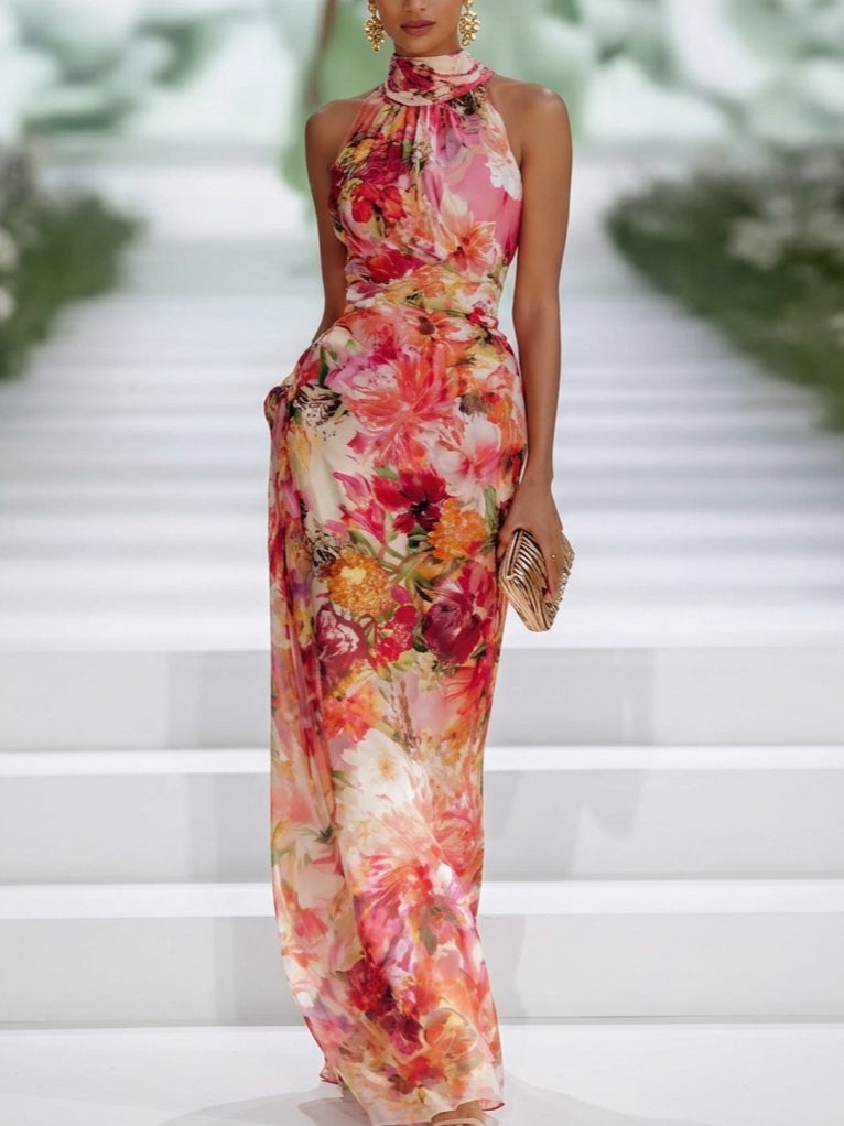 Abito Maxi Senza Maniche in Chiffon Rosso con Scollo All'Americana