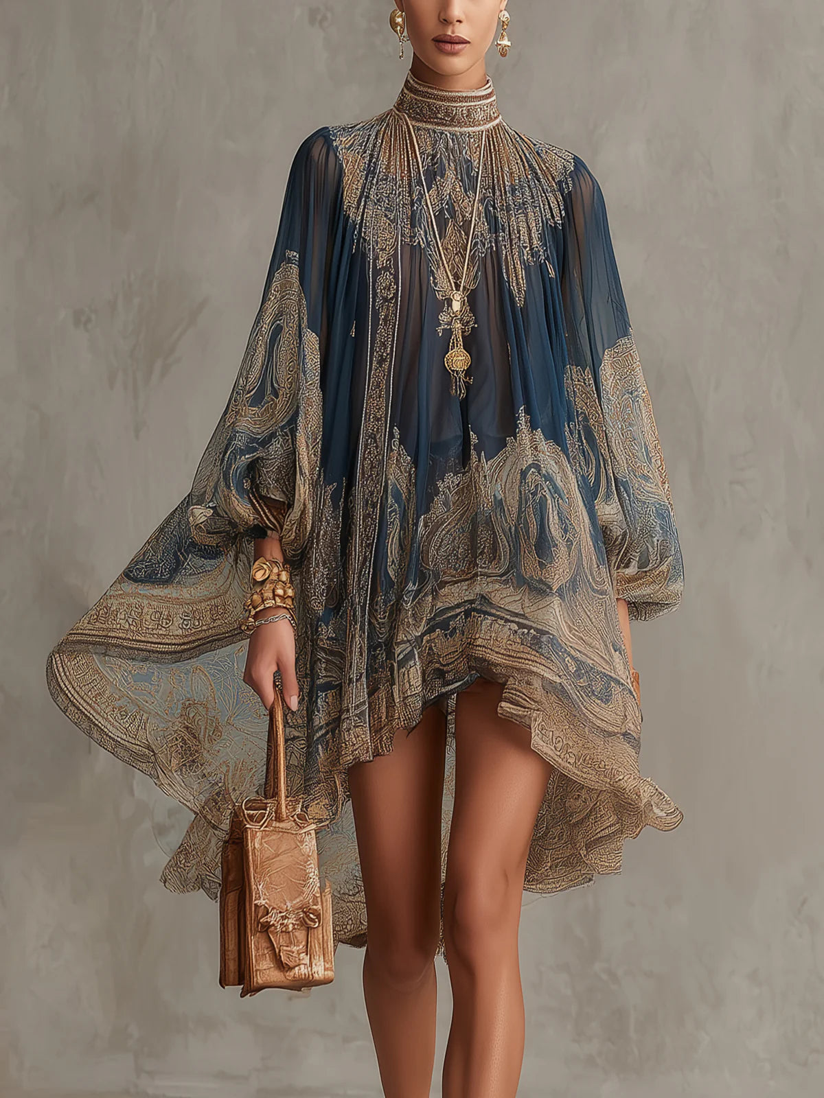 Abito Mini in Chiffon con Stampa Barocca Blu Navy — Lucia Toscana (1)