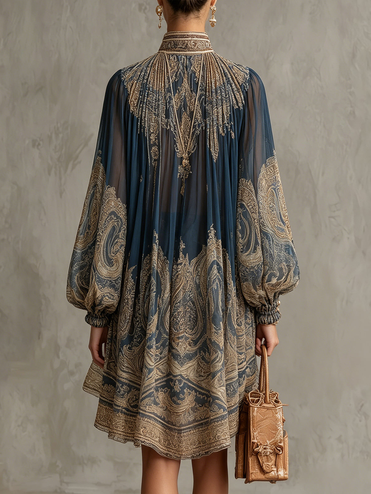 Abito Mini in Chiffon con Stampa Barocca Blu Navy — Lucia Toscana (2)
