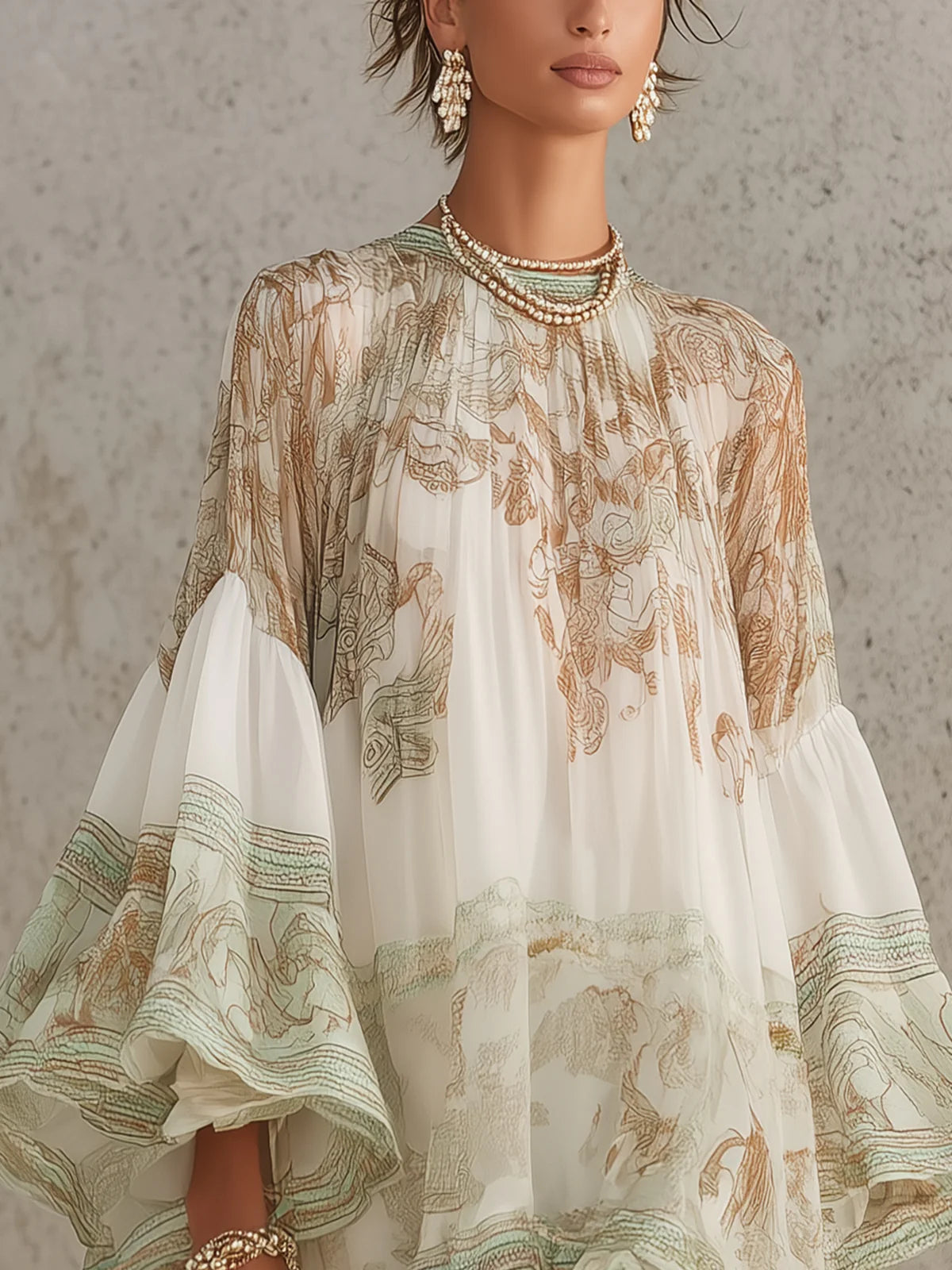 Rosalie | Abito Mini in Mousseline con Maniche a Volant e Orlo a Righe Verde