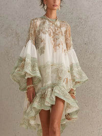 Rosalie | Abito Mini in Mousseline con Maniche a Volant e Orlo a Righe Verde
