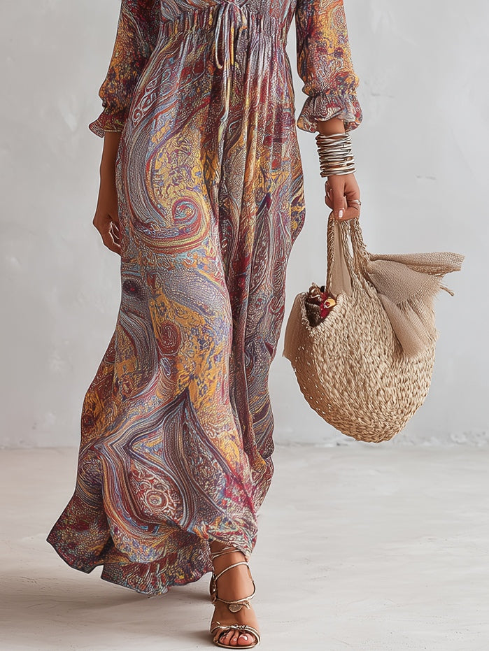 Abito Maxi in Chiffon con Stampa Paisley e Scollo a V — Lucia Toscana (5)