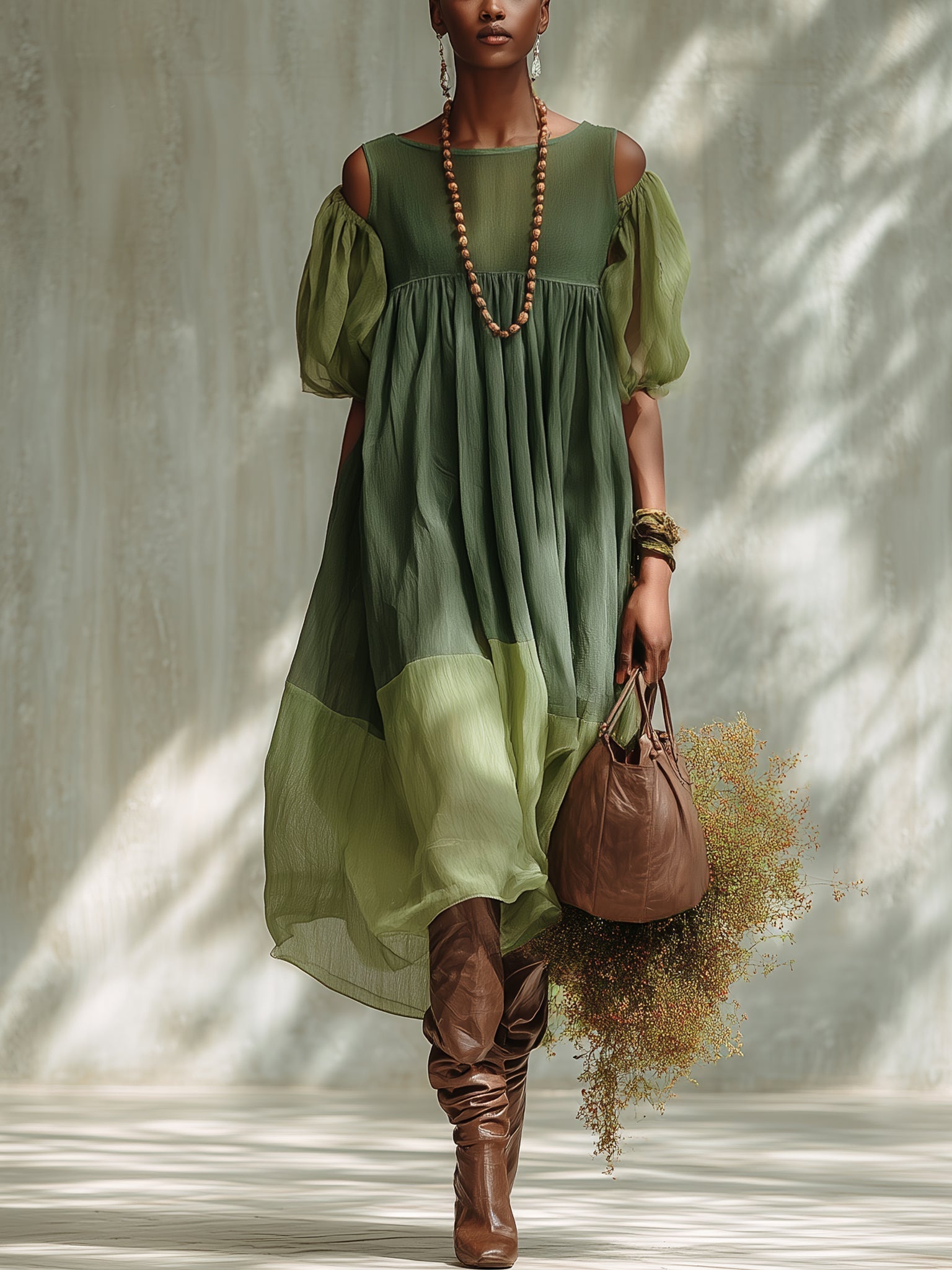 Abito Midi in Chiffon Verde con Spalle Scoperte — Lucia Toscana (1)