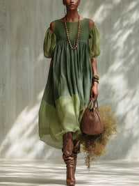 Abito Midi Verde in Chiffon con Spalle Scoperte e Maniche Corte