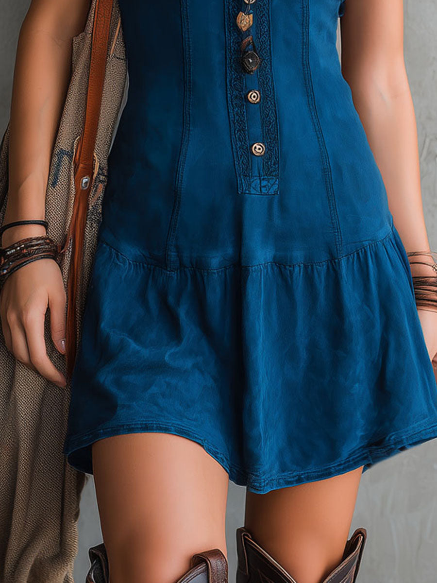 Abito Mini Senza Maniche V-Neck Button-Down in Indigo Bohemien
