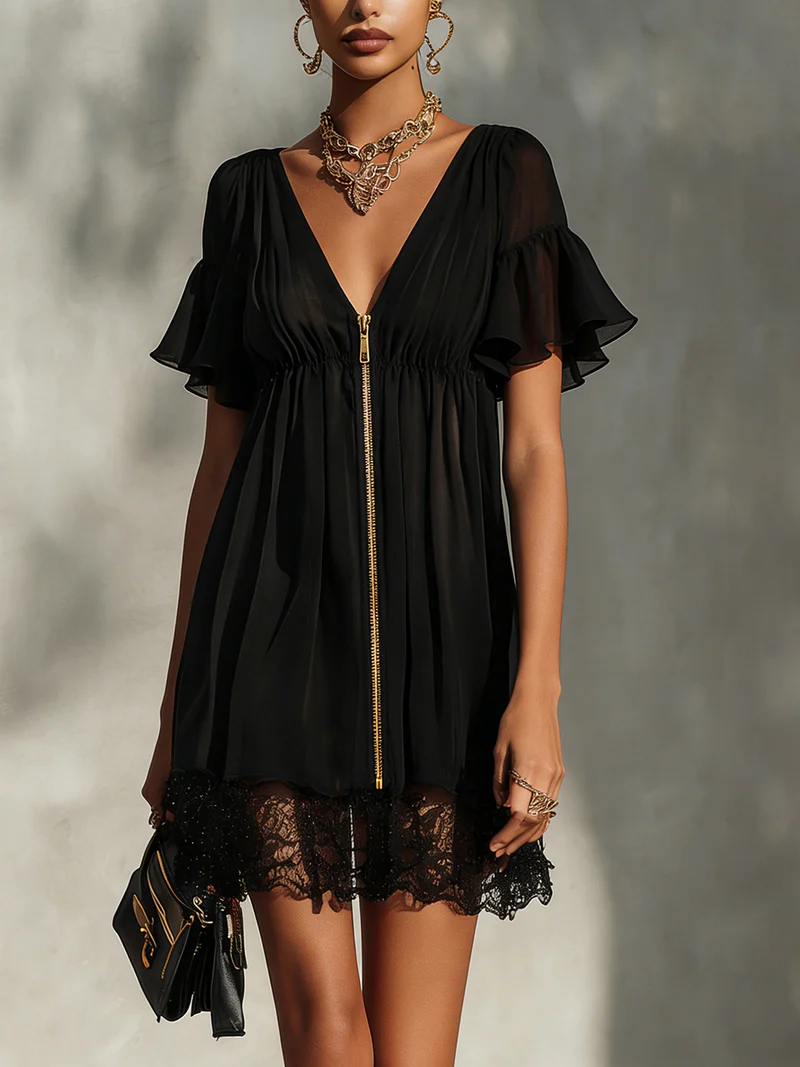 Sanya™ | Abito Mini in Pizzo con Zip Frontale