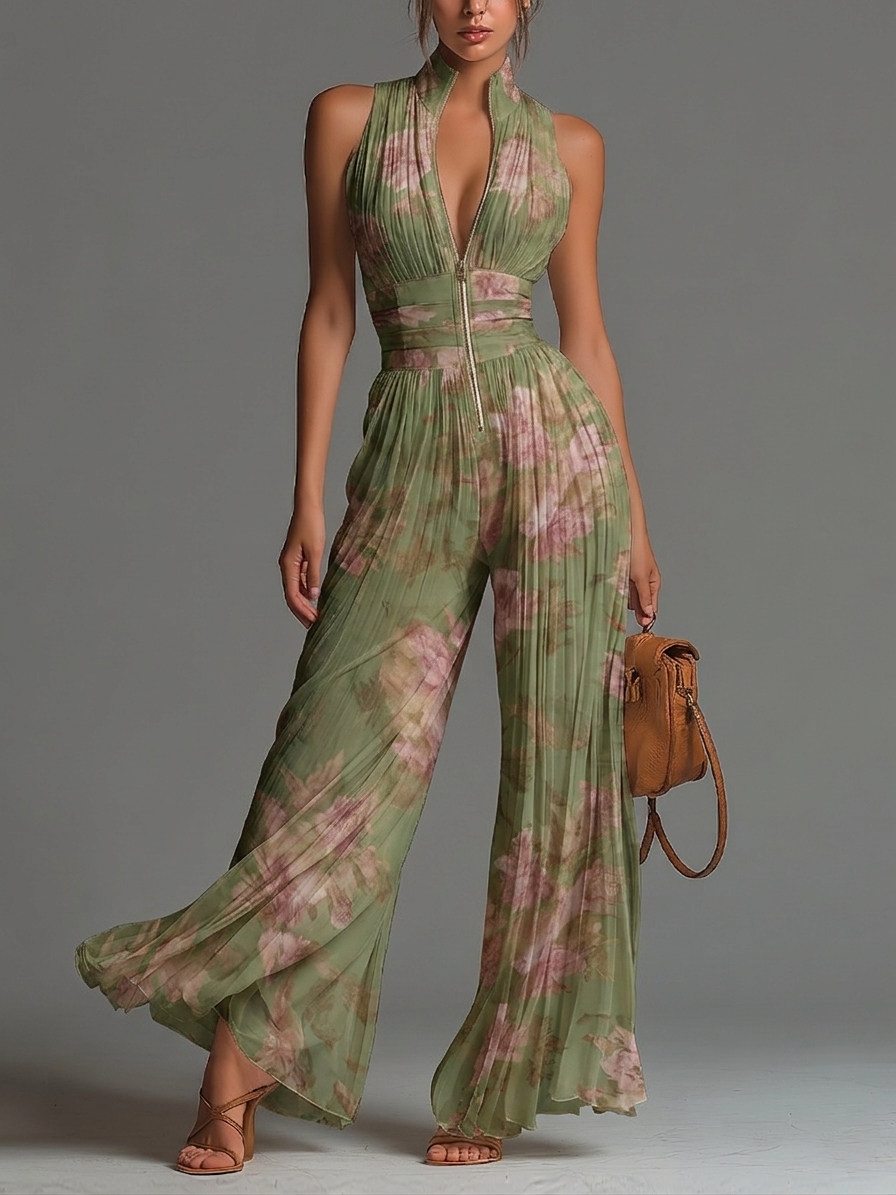 Tuta in Chiffon Verde Floreale con Scollatura a V, Senza Maniche, con Zip e Pantaloni a Gamba Larga